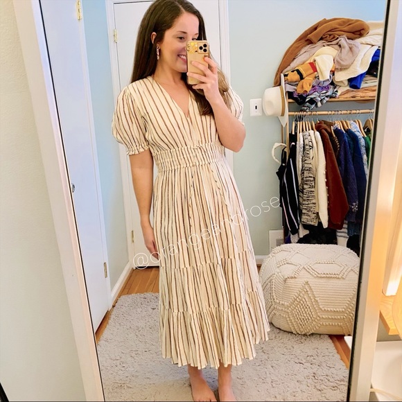 Ulla Johnson Dresses & Skirts - Ulla Johnson Cream Bronze Blue Cotton V Neck Puff Sleeve Maxi Dress Neutral 2